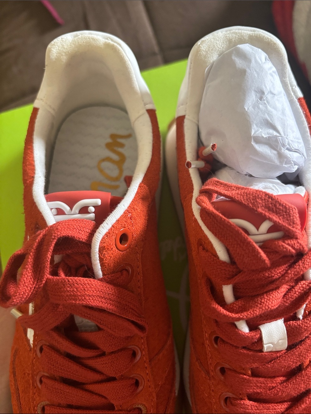 Red Suede Low-Top Sneakers with White Trim - Picture 2 of 6
